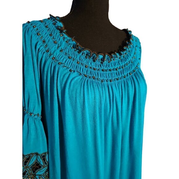 Urban Mango Deep Ocean Blue Comfy Boho Dressy Beaded Lounge Mini Dress, Size M - Picture 2 of 8